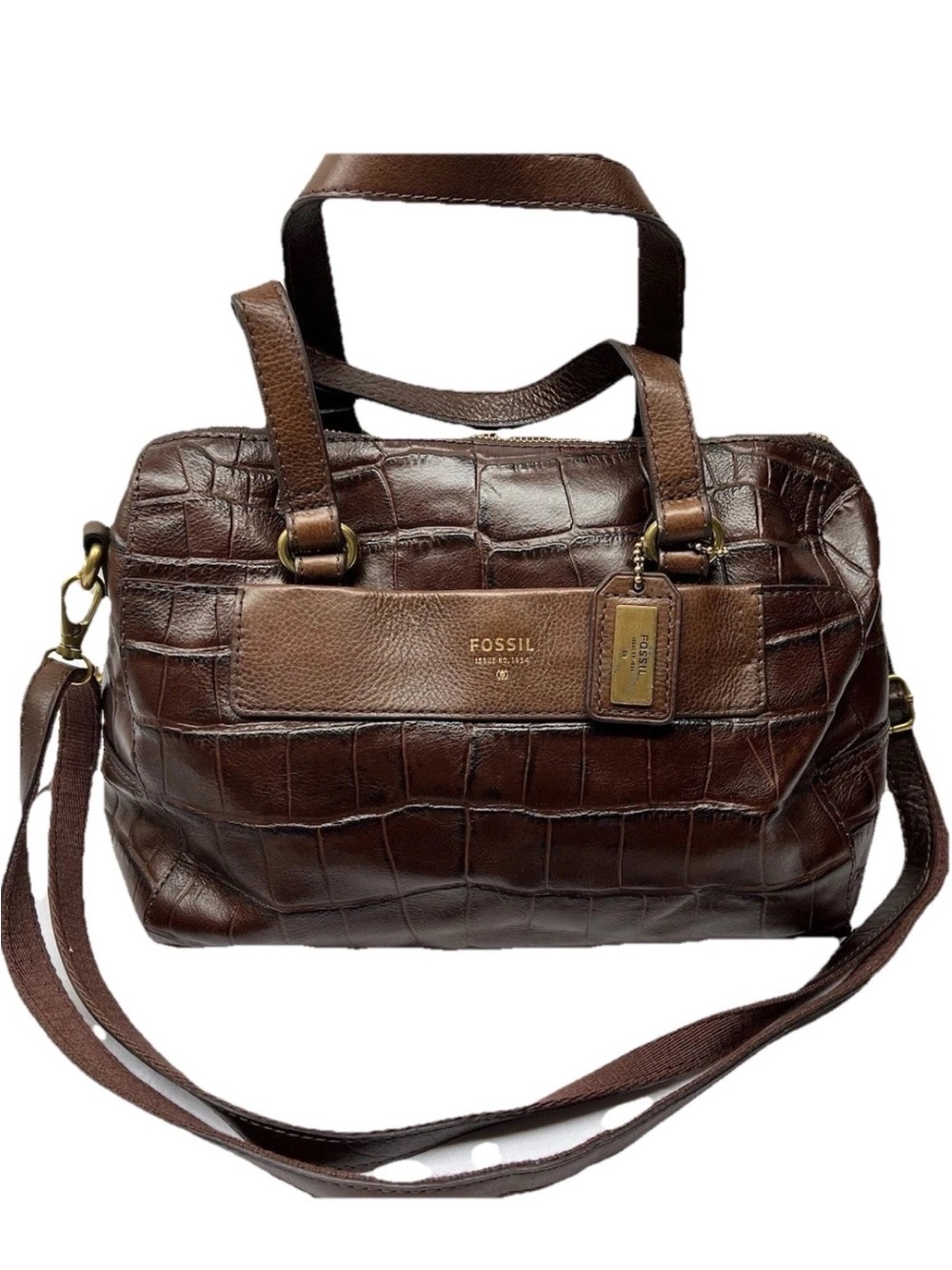 NWT Fossil Bag Dark Brown Croc-Embossed Leather Satchel with Shoulder Strap